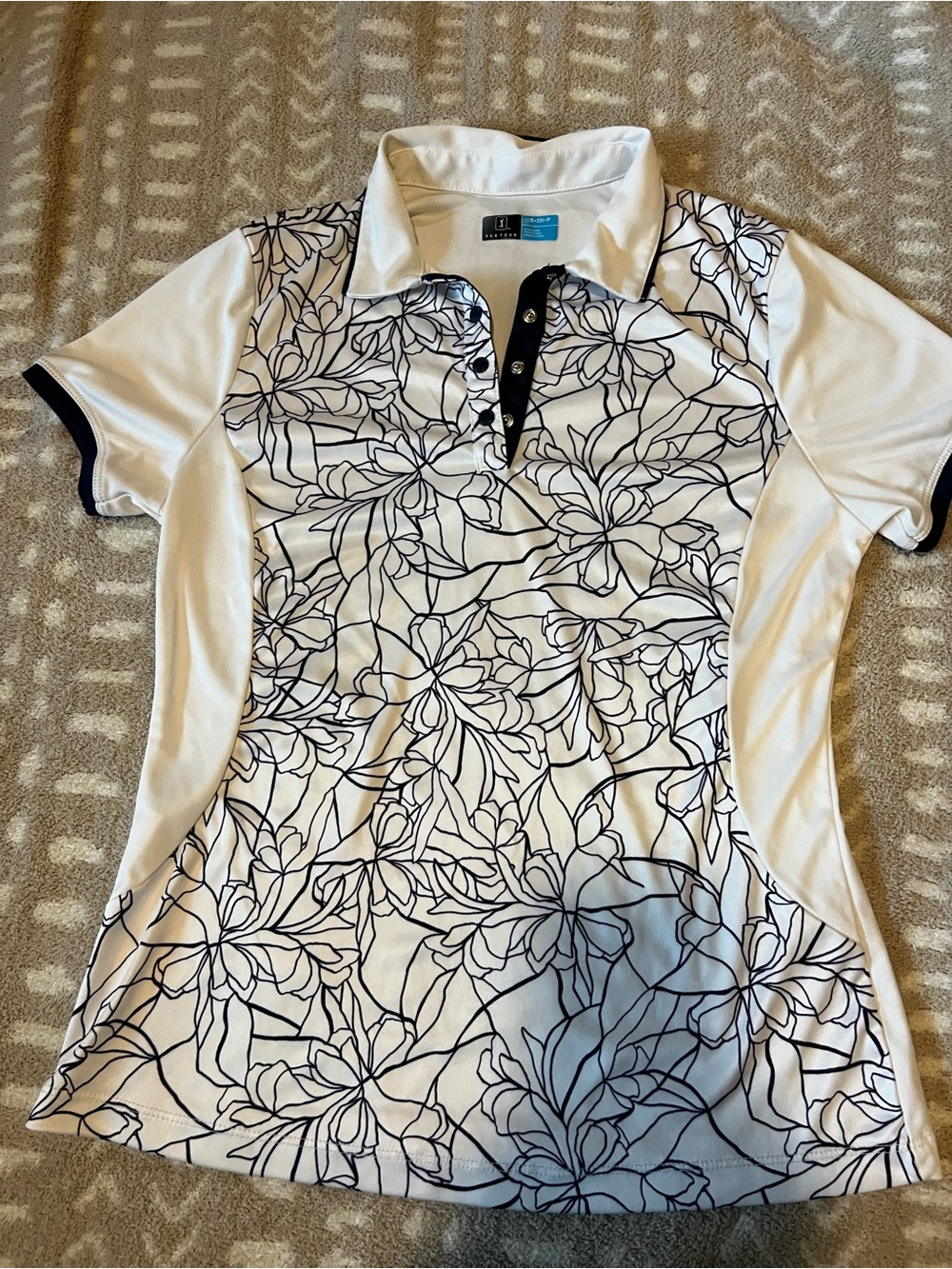 PGA Tour White Polo with Navy Floral Outline and Trim